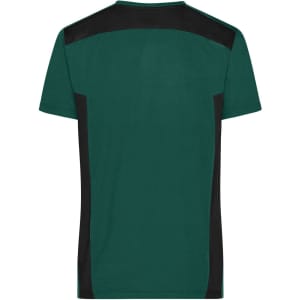 A green men's workwear T-shirt featuring black accents on the shoulders and sides, with a logo present.