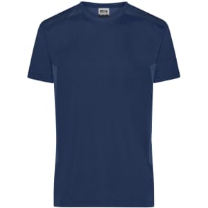 A navy blue men's workwear T-shirt with a simple design and contrasting side panels. It features a label at the neck.
