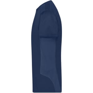 A navy blue men's workwear T-shirt featuring short sleeves and a side view design. It has a logo on it.
