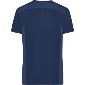A navy blue men's workwear T-shirt with a simple design and a logo on the back.