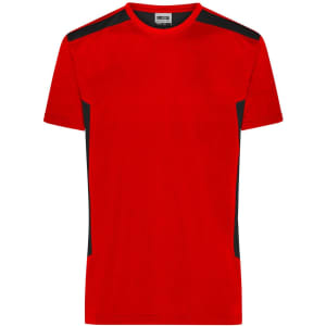 A men's workwear T-shirt in vibrant red with black accents and a logo.