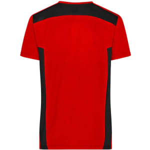 A red work T-shirt with black detailing on the shoulders and sides, featuring a logo.