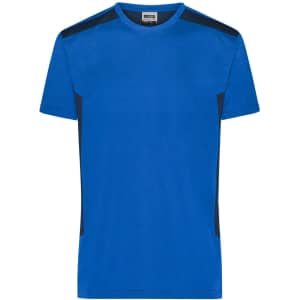 A blue men's workwear T-shirt featuring black accents on the shoulders and sides, with a logo on the front.