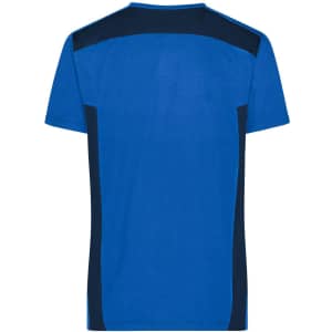 A blue work T-shirt featuring navy side panels and a logo on the back.