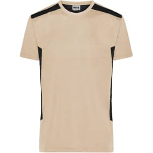 A men's workwear t-shirt in cream with black accents and a logo on the chest.