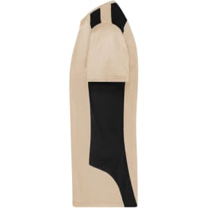 A beige workwear T-shirt featuring black accents on the shoulders and side. It has a simple design and a logo.