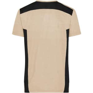 A men's workwear t-shirt in beige with black side panels and a logo on the back.