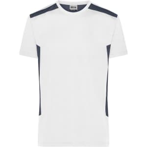 A white work T-shirt with navy side panels and a logo on the chest.
