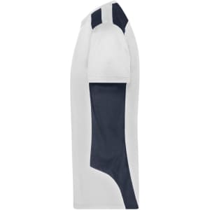 A men's workwear T-shirt in white with navy blue accents, featuring a logo on the chest.