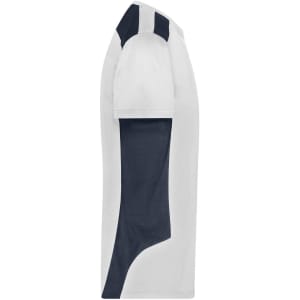 A men's workwear T-shirt in white with navy blue detailing, featuring a logo on the chest.