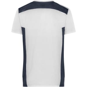Men's workwear T-shirt in white with navy shoulder and side panels, featuring a logo.