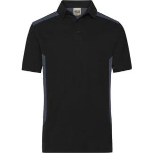 A black polo shirt with blue side panels and a collar, featuring a logo on the chest.