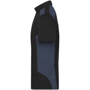 A men's work polo shirt featuring a black body with navy blue side panels and a collar, complete with a logo.