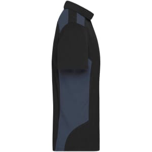 A black and navy men's work polo shirt with short sleeves and a collar, featuring a branding logo.