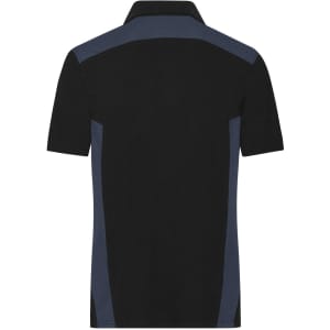 A black and navy polo shirt with a collar and contrasting side panels, featuring a logo.