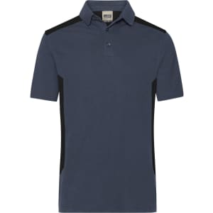 A navy polo shirt with black side panels and a classic collar, featuring a logo on the chest.