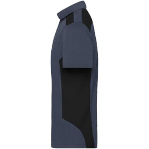 A men's workwear polo shirt in navy and black, featuring a logo on the chest. Side view of the shirt's design.