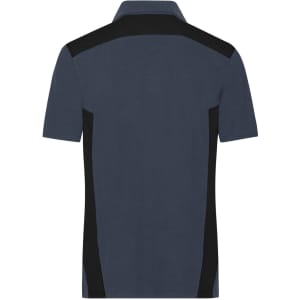 A navy blue men's work polo shirt with black side panels and a collar. The back view is displayed.