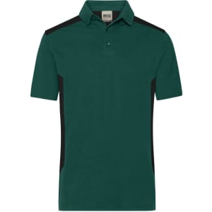 A men's work polo in dark green with black side panels and a collar. The shirt features a logo on the chest.