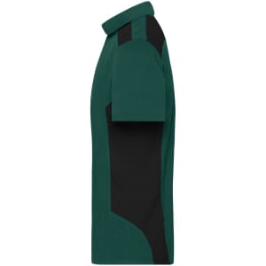 A green and black men's work polo shirt with a collar and short sleeves, featuring a logo on the chest.