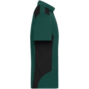 A men's workwear polo in dark green with black side panels and a collar, featuring a logo on the chest.