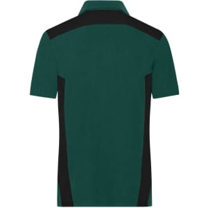 A green men's workwear polo shirt featuring black panels on the sides and a simple collar design.