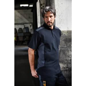 A men's workwear polo shirt in navy with grey panels, featuring a collar and logo.
