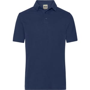 A navy blue men's polo shirt with a collar and three buttons, featuring a logo on the chest.