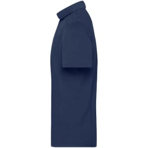 A navy blue men's workwear polo shirt displayed from the side, featuring a collar and short sleeves.