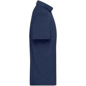 A navy blue men's work polo shirt featuring a classic collar, short sleeves, and a small logo on the chest.