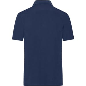 A navy blue men's work polo shirt with a classic collar and short sleeves, featuring a logo on the front.