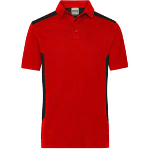 A red men's work polo shirt with black side panels and a collar, featuring a logo on the chest.