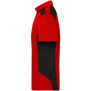 A red and black men's work polo shirt featuring a side view with contrasting colours and a logo.