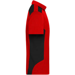 A red and black men's work polo shirt with a logo and a sporty design.