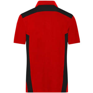 A red and black men's workwear polo shirt featuring a collar and short sleeves. It includes a logo on the front.