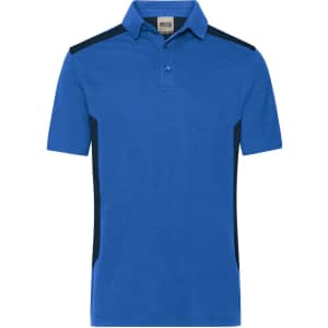A blue men's work polo shirt with black side panels and a collar, featuring a button-up front and a logo.