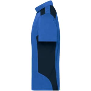 A men's workwear polo shirt in blue with black side panels and a logo on the chest.