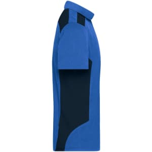 A blue and navy men's work polo shirt with a collared neck and contrasting side panels. Features a logo.