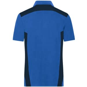 A blue men's polo shirt featuring dark navy side panels and a logo on the back. Suitable for workwear.