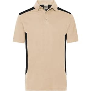 A beige polo shirt featuring black side panels and a collar. It has a logo on the chest area.