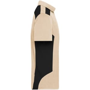 A men's workwear polo shirt in beige and black, featuring a sleek design and a logo on the fabric.