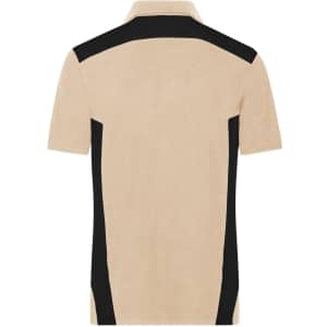A men's workwear polo in beige with black side panels, featuring a collar and short sleeves. It has a logo on the chest.