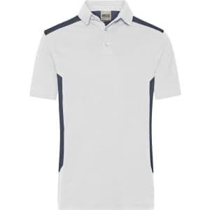 A light grey polo shirt with navy side panels and a collar, featuring a logo.
