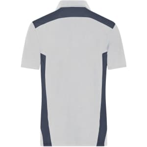 A men's work polo shirt in light grey with navy blue accents, featuring a logo on the back.