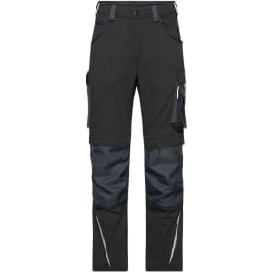Workwear pants in black with contrasting dark grey panels and various pockets. Features a logo on the waistband.