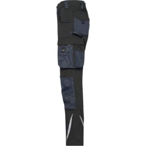 Workwear pants in black and navy with multiple pockets and a reflective detail. Features a logo on the fabric.
