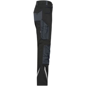Workwear pants in black with grey detailing and multiple pockets, featuring reflective elements and a logo.