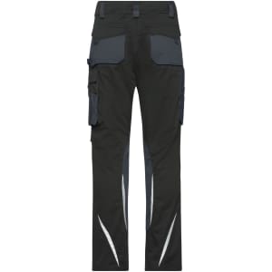 Workwear pants in black with grey accents, featuring multiple pockets and reflective detailing. Includes a logo.