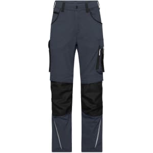 Workwear pants in navy blue and black with multiple pockets and reflective detailing. Features a logo on the fabric.