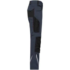 Workwear pants in navy blue and black, featuring multiple pockets and reflective detailing. Includes branding elements.